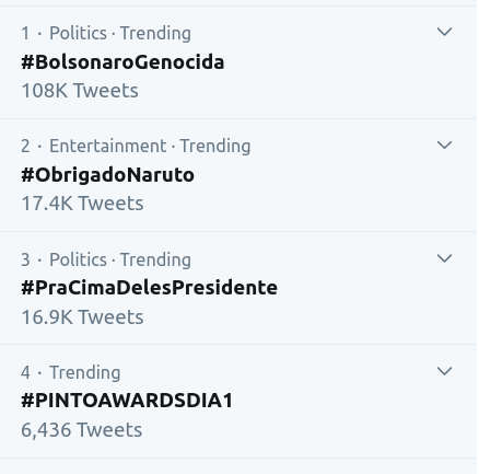 maruziinthesky's tweet photo. Hoje realmente os trending topics estão resumindo bem o Brasil de quarentena: as pessoas realistas em 1o, seguidas pelos otakus, depois os gados e a galera com tesão presa em casa.
#BolsonaroGenocida #ObrigadoNaruto #merecuso #PINTOAWARDSDIA1 #quarentenaBrasil https://t.co/Tk3PHi32nD