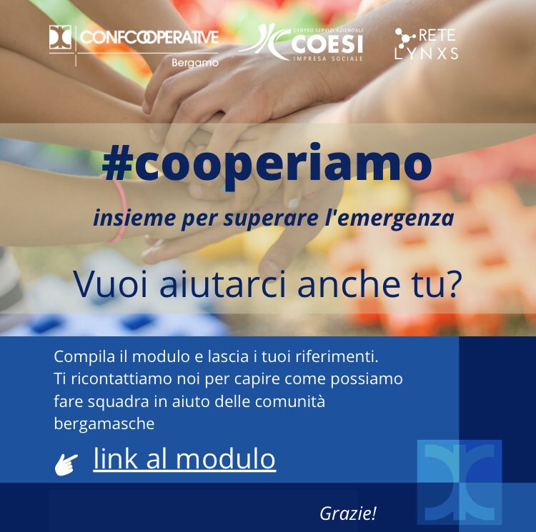 confcoopbg's tweet photo. Abbiamo bisogno del tuo aiuto! Per assicurare continuità ai servizi di cura e assistenza domiciliare e residenziali che chiediamo di condividere tra cooperative #infermieri #OSS #ASA #Educatori  #cooperiamo per sconfiggere l’epidemia  #COVID19 iscriviti  https://t.co/ygvuqNx5jv https://t.co/FwQV5eyzRA