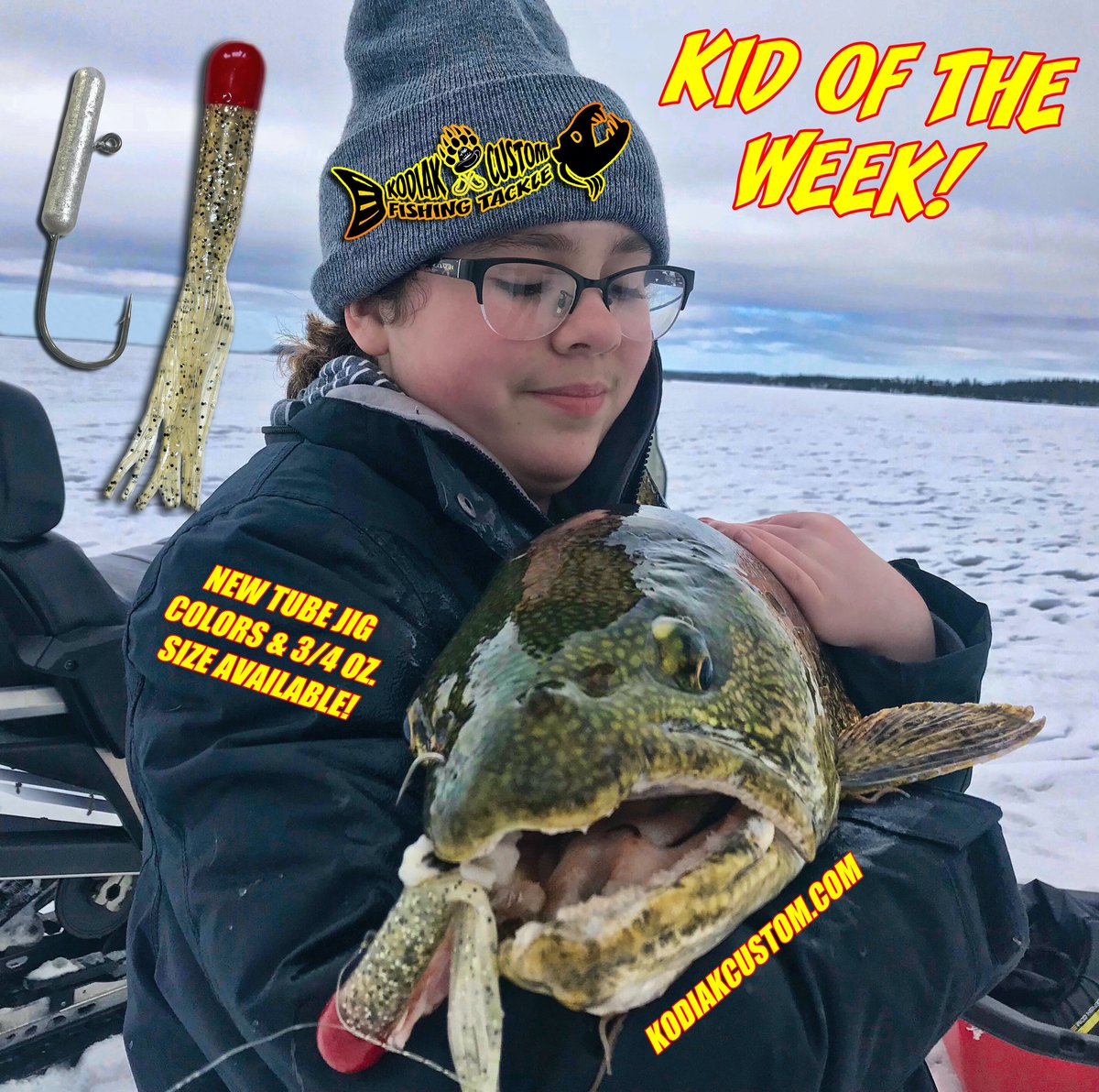 Kodiakcustom's tweet photo. Our @Kodiakcustom kid of the week just hammered this hog with our new #kodiakcustom 3/4oz. clear/red tube jig! https://t.co/e4RDXT4lf8 @KidsThatFish  #tubejigs #laketrout #kcft #icefishing #tubejig #kidsfishing #alaska #fishingkids #alaskalife #customtackle #icefishingjig https://t.co/bzZQmW37DT