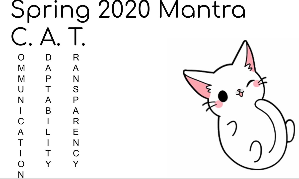 eLearning_CCS's tweet image. New to online teaching this quarter? Try the new Mantra. CAT - Communication, Adaptability, Transparency. Sprinkle in a little grace for good measure. Inspiration from @TheTattooedProf and his article in the chronicle. Check it out