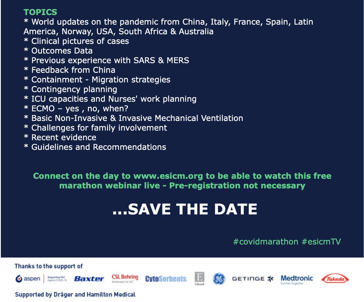 <a href="/ESICM/">ESICM</a> SATURDAY 28TH MARCH 2020 WORLDWIDE 14:00-21:00 HRS CET INTENSIVISTS STAND UNITED CARING FOR LIVES! Connect with ICU  as we fight COVID-19 SAVE THE DATE thanks to all international speakers and Industry  #covidmarathon #esicmTV   <a href="/avkwong/">Adrian Wong</a> <a href="/FOAMecmo/">M Velia Antonini</a> <a href="/DrMCecconi/">Maurizio Cecconi</a> <a href="/JKesecioglu/">Jozef Kesecioglu</a>
