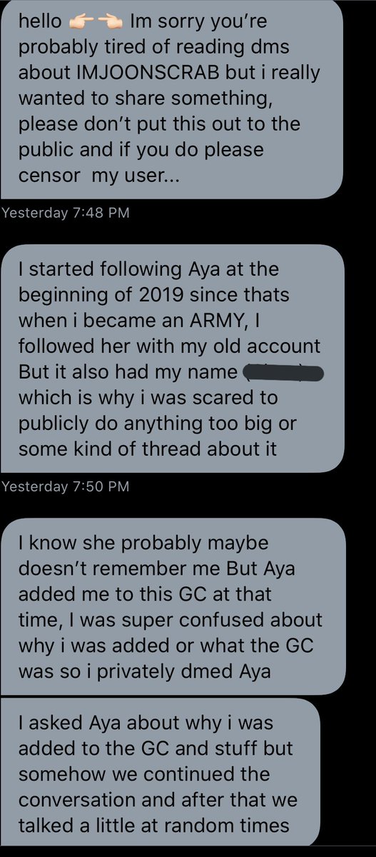 Okay, so through DMs I’ve learned Aya also: dislikes Jungkook and gets mad when bts succeeds  blamed it on depression, treated a friend horribly and repeatedly threatened to blackmail them knowing they had a certain fear