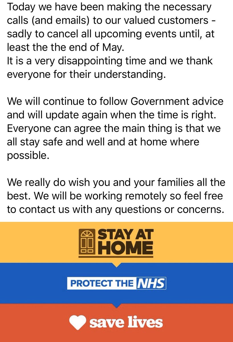 ThamesPartyBoat's tweet photo. Today we have been making the necessary calls (&amp;emails) to our valued customers -sadly to cancel all upcoming events until, at least the the end of May. 
It’s a very disappointing time &amp; we thank everyone for their understanding.
We really do wish you &amp; your families all the best https://t.co/pfz2TL9uUs