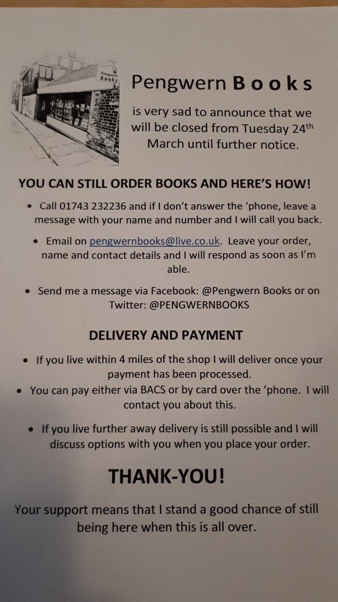 PENGWERNBOOKS's tweet photo. Help me keep the shop going and ORDER A BOOK!! It's easy. I can offer safe delivery and mail order. Call 01743 232236! Support Shrewsbury's indie shops. Thank-you. 😊 https://t.co/qsuvtEh4V1