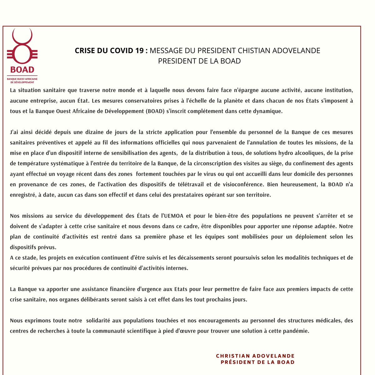 BOAD_official's tweet photo. "La Banque va apporter une assistance financière d’urgence aux Etats pour leur permettre de faire face aux premiers impacts de cette crise sanitaire. Nos organes délibérants seront saisis à cet effet dans les tout prochains jours." https://t.co/kI0zzVJuTM  #COVID19 #TousMobilisés https://t.co/pkOLPtihfl
