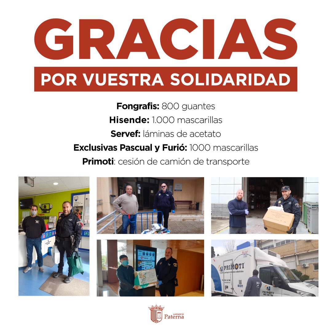 ViuPaterna's tweet photo. 📣 El Ayuntamiento de #Paterna quiere dar las gracias a #Primoti, #Hisende, #Servef #ExclusivasPascualYFurió y #Fongrafis por habernos donado y prestado todo este material.
Muchas gracias 👏🏻👏🏻👏🏻👏🏻 @primoti_renting https://t.co/vECXgqH5qm