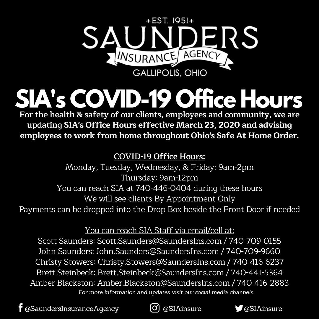 SIAinsure's tweet image. SIA has advised employees to work remotely for the #StayHomeOhio order. We advise clients to email or call your carrier directly for pay/billing. We will have the office staffed for calls from 9am-2pm. For any other request/inquiry please email/call our staff or your SIA carrier