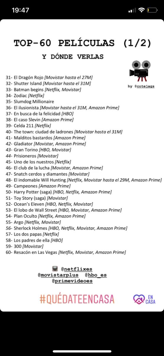 cotejags's tweet photo. Voy a intentar haceros menos dura la cuarentena con esta lista:

Mi TOP-60 PELÍCULAS y dónde verlas

(se aceptan sugerencias) https://t.co/3e0c5vAwKY