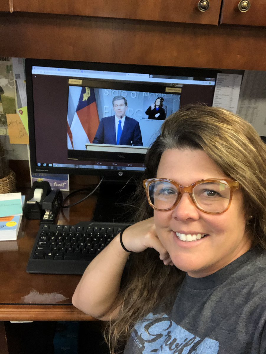 beth_callicutt's tweet photo. March Madness for Spirit Week! I’ve been a Duke fan forever but now that my daughter goes to UNC...I’m converting a little! And in support of our state today I wore my NC shirt! I am so sad but understand the Executive Order.  #LearnGrowLeadatCEES https://t.co/FTfAHypalh