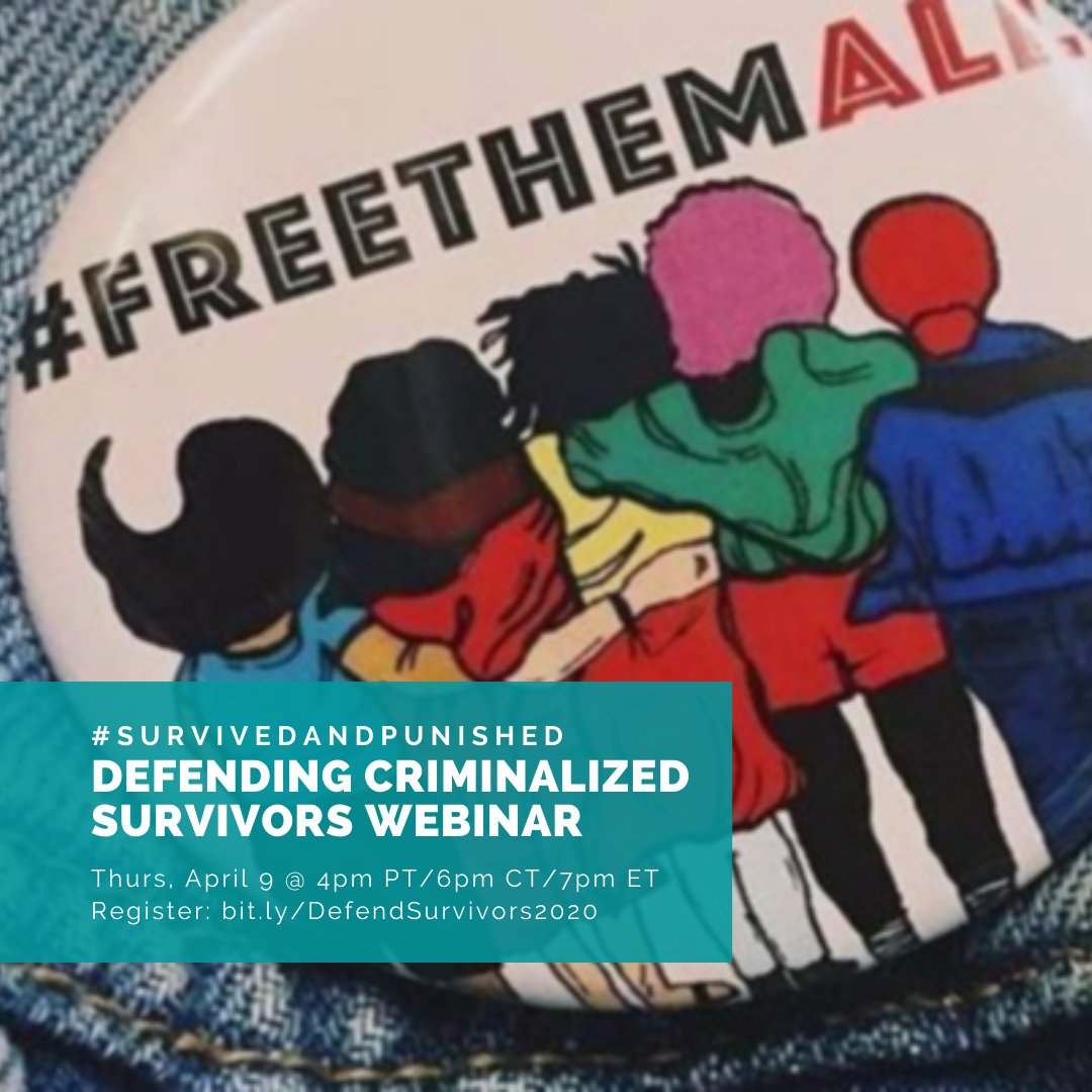 #SurvivedAndPunished Defending Criminalized Survivors Webinar
Thurs, April 9 @ 4pm PT/6pm CT/7pm ET
Register: bit.ly/DefendSurvivors2020
