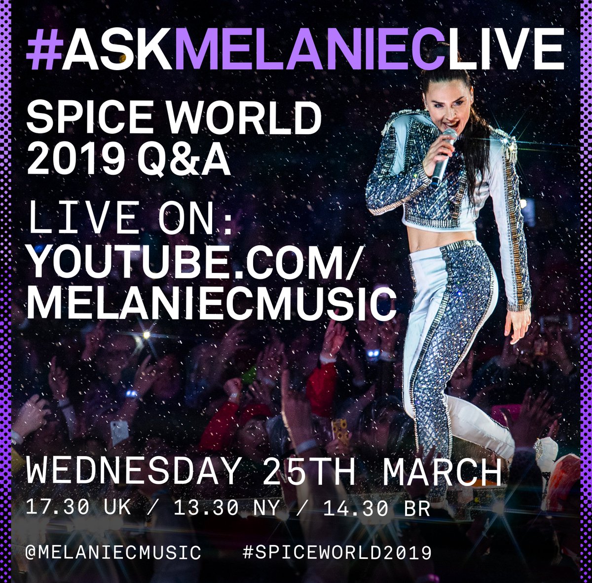 MelanieCmusic's tweet photo. 💜 This Wed at 5.30pm GMT, I will be answering questions about Spice World 2019 LIVE on my Youtube Channel!

📌 If you have a question, tweet me @MelanieCmusic with HT #ASKMELANIECLIVE and #SpiceWorld2019.

✌️ There will be prizes and hopefully, surprises!! https://t.co/KxhEgSZxvF