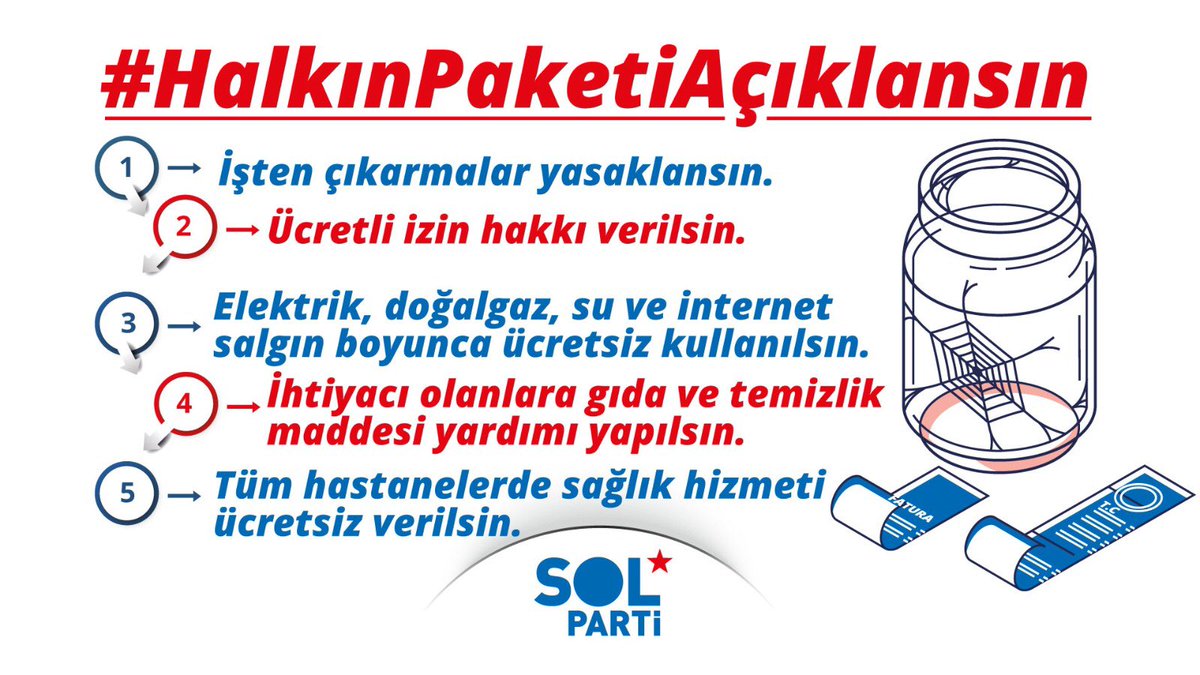 Emekçiler nasıl evde kalacak? 

Faturalar nasıl ödenecek? Zorunlu çalışma gerekmeyen tüm alanlarda kamu ve özel ayrımı olmaksızın #Ücretliİzin hakkı verilsin. 

#HalkınPaketiAçıklansın halkın acil talepleri karşılansın.
