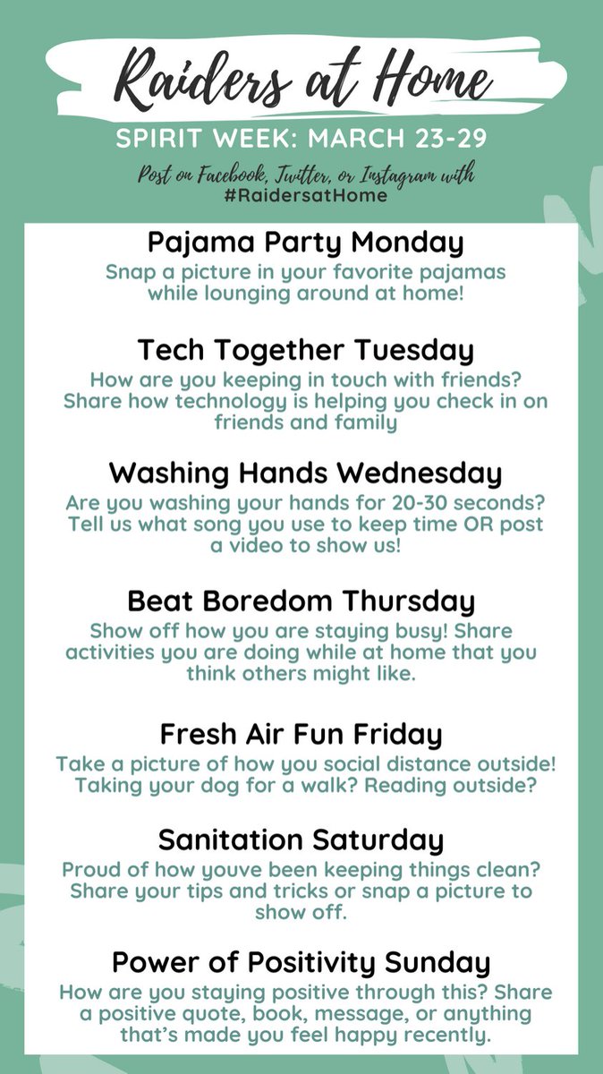tvstuco's tweet photo. Hey Raiders! I know a lot of us are wishing we could see each other and are in need of some Raider Pride, so we are happy to introduce our Raiders at Home Spirit Week! We have a FULL WEEK of ideas and can't wait to see our entire district come together as #RaidersatHome https://t.co/6msRNMr6A8
