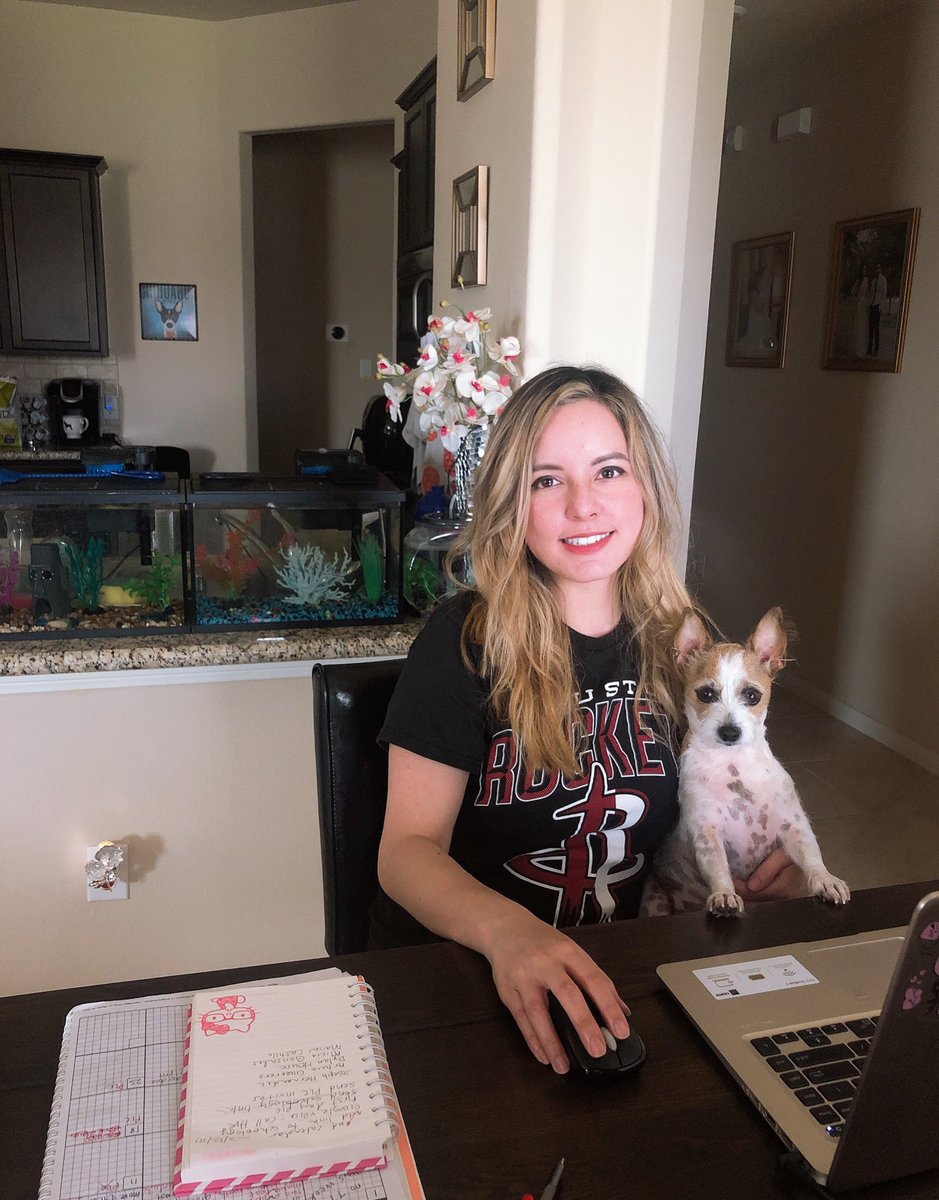 First day of virtual school vibes with my little co-worker from home. It’s been so good talking to my students! #YesIHaveALotofFishTanks