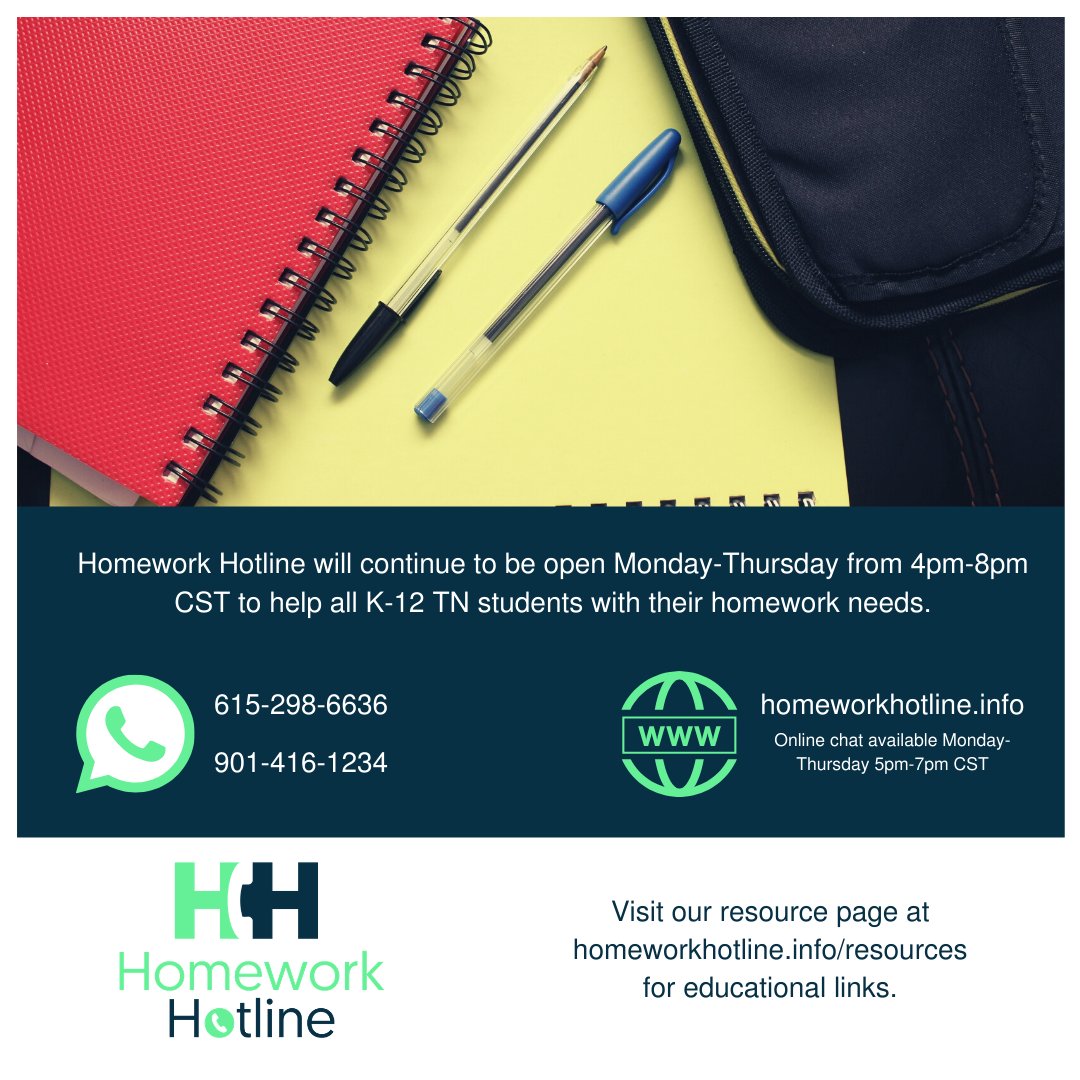 We know this can be a difficult and scary time, but Homework Hotline aims to remain a constant for TN students and their families! Our telephone lines and online chat will be open during our regular operating hours starting today, March 23rd.
