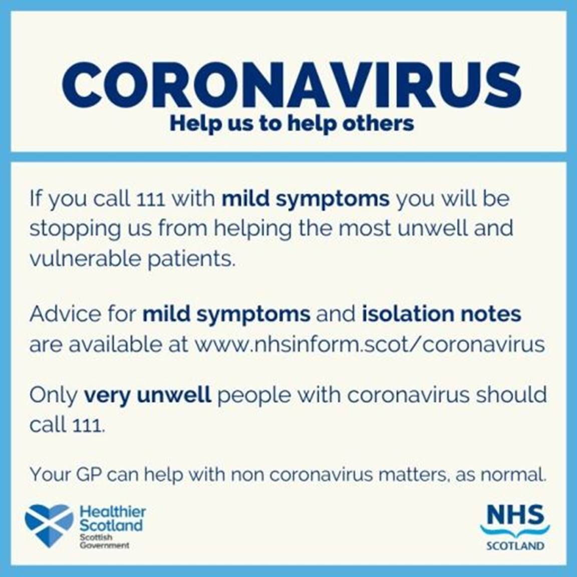 We changed the way Scotland deals with increasing numbers of Coronavirus today 1) use nhsinform.scot/Coronavirus for all information and sick/isolation notes 2) DO NOT call your GP about Coronavirus. 3) if you are very unwell call 111 We’re ready but please help Please share