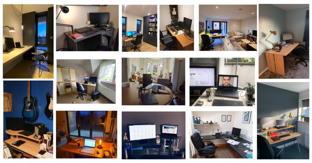 _designid's tweet photo. We are working from home.... can you guess which setup belongs to which staff member?! #StayAtHomeSaveLives #MondayMotivation #thinkdesignengineer https://t.co/5yco3wObrH