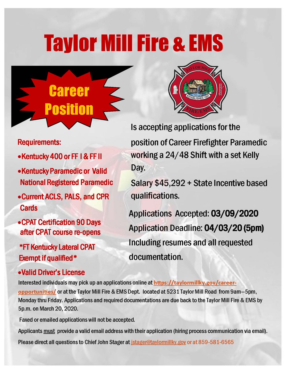 tmfireky's tweet image. Taylor Mill Fire/EMS is hiring