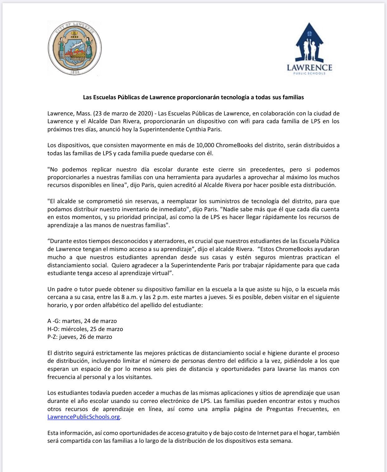 Lawrence Public Schools All Lps Families This Tues Thurs Lps Is Issuing Every Family A Device To Support Online Learning Go To Nearest Lps School From 8am 2pm On Following Days