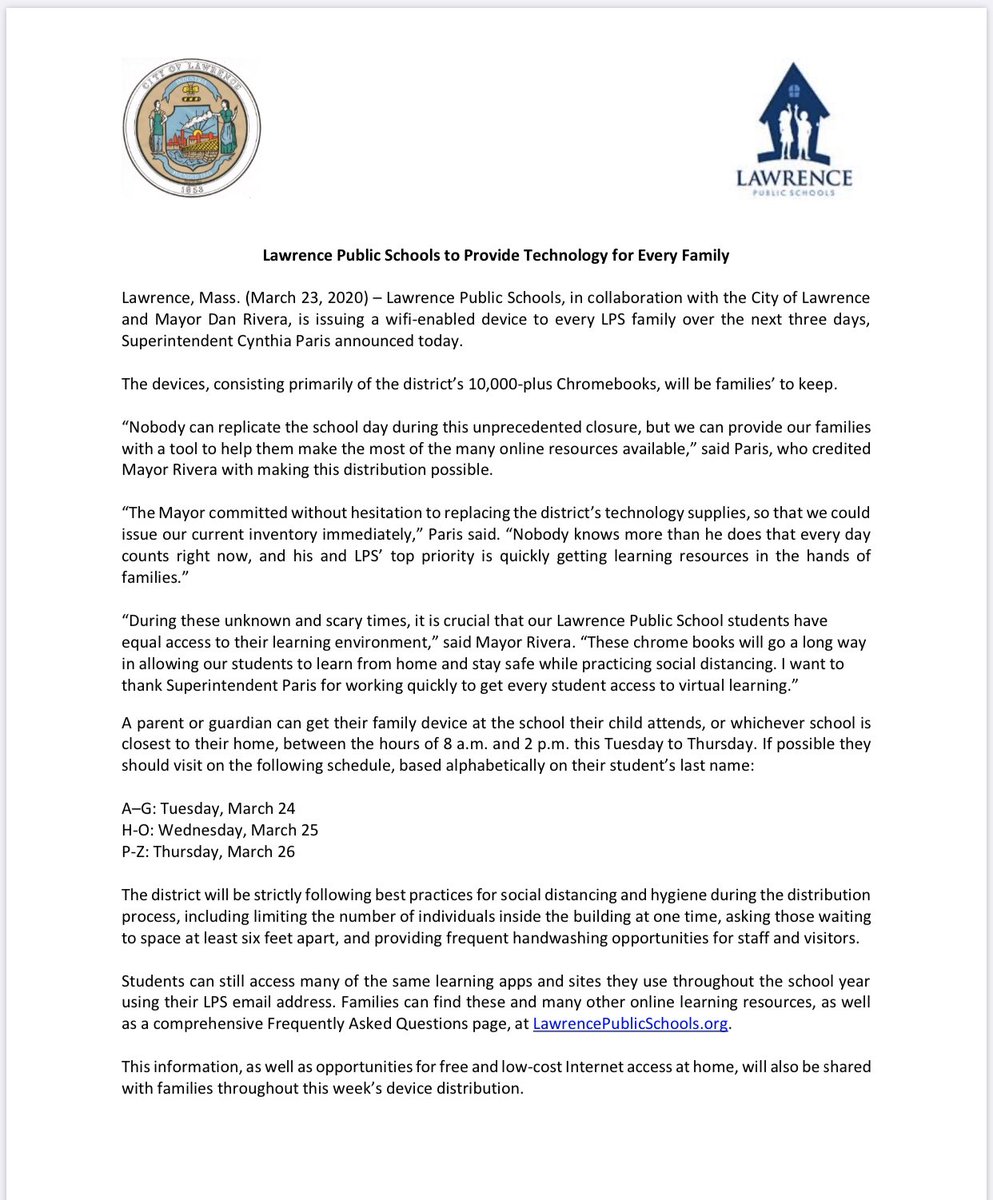 Lawrence Public Schools All Lps Families This Tues Thurs Lps Is Issuing Every Family A Device To Support Online Learning Go To Nearest Lps School From 8am 2pm On Following Days