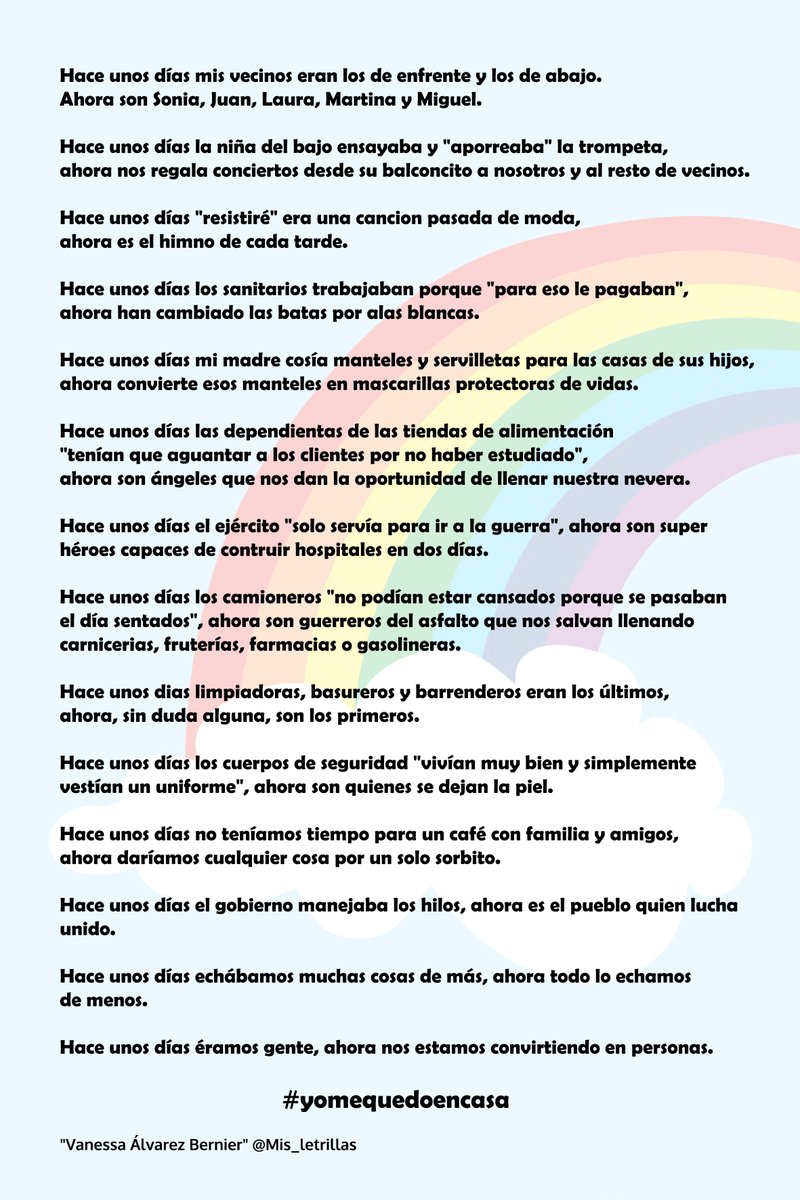 misletrillas's tweet photo. Hace unos días mis vecinos eran los de enfrente y los de abajo. Ahora son Sonia, Juan, Laura, Martina y Miguel.

Hace unos días éramos gente, ahora nos estamos convirtiendo en personas.

#yomequedoencasa

"Vanessa Álvarez Bernier" @misletrillas https://t.co/RRS7ZCDqOu
