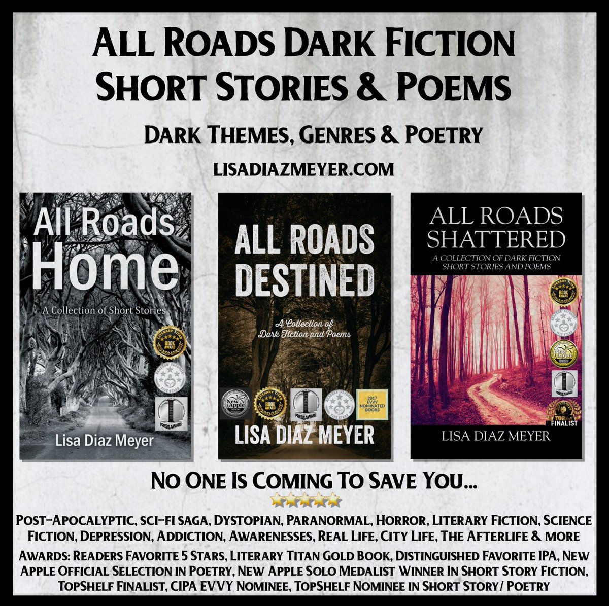 THE ALL ROADS COLLECTION 
Dark Fiction Short Stories &amp; Poems 
No One Is Coming To Save You... Dark Themes, Genres &amp; Poetry 
lisadiazmeyer.com