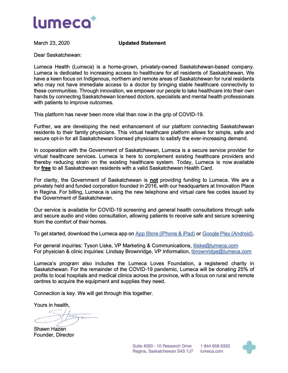 Please read the letter from Lumeca's Founder &amp; Director, Shawn Hazen to learn more about who we are, what we do and how we’re helping the people of Saskatchewan.

Go to lumeca.com for more information.

#Lumeca #COVID19 #Saskatchewan #WeGetYouBetter