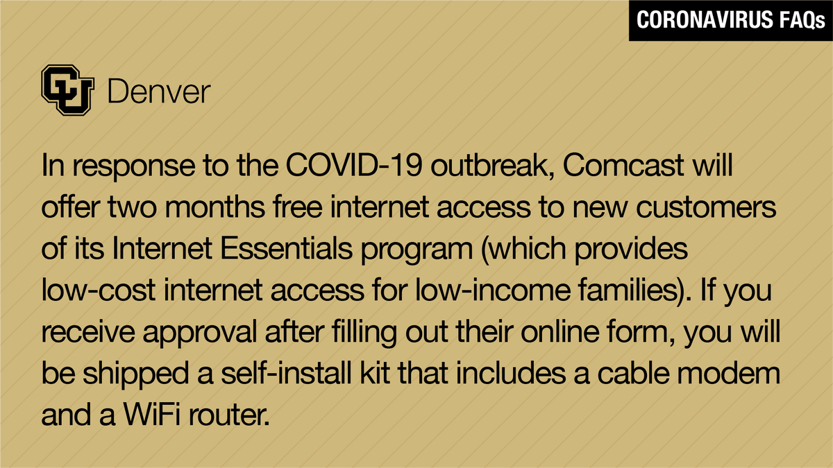CUDenver's tweet image. For anyone interested, find the form at apply.internetessentials.com.

And for more information, go to internetessentials.com/covid19.

#CUDenver
