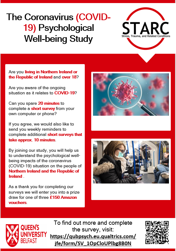 ***QUB #COVID19 Psychological Wellbeing Study*** 

Today <a href="/STARC_RL/">Stress Trauma & Related Conditions Research Lab</a> have launched this survey for people in #NorthernIreland &amp; #Ireland. We want 2 understand &amp; monitor how the #coronavirus is impacting on #psychological #wellbeing. Info below + survey link= qubcovid19.org