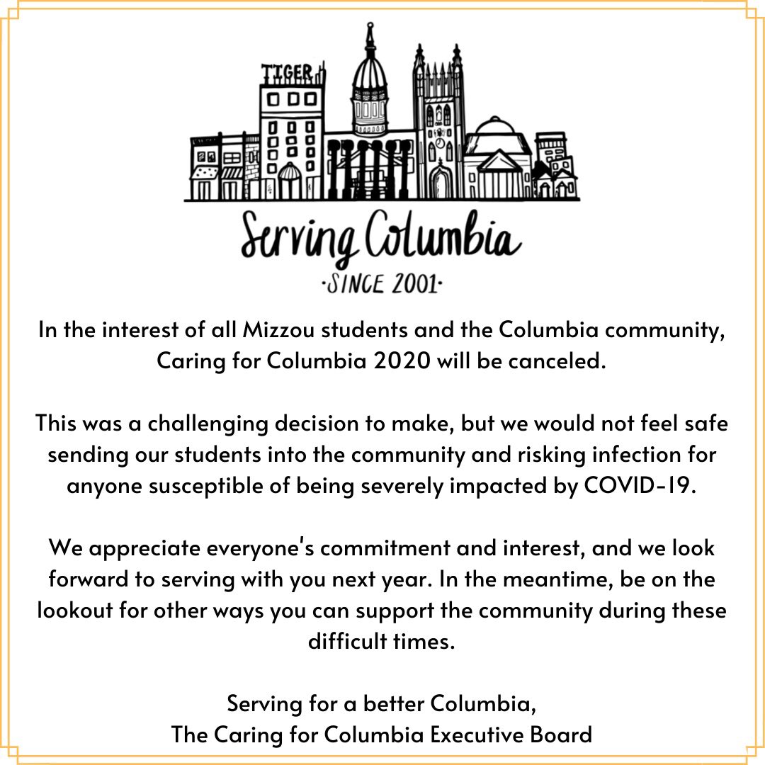 Please read the following statement regarding Caring for Columbia 2020. If you have any questions or concerns, please contact muoslcaring@missouri.edu.

Thank you to all of our sponsors, sites, and volunteers - we appreciate you and hope to serve with you next year.