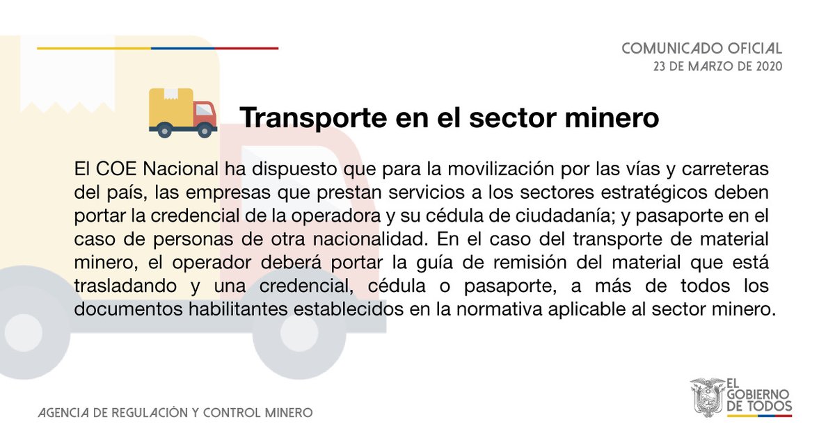 ARCOM_Ecu's tweet photo. 📍🚛IMPORTANTE| @ControlMinero informa a los titulares mineros sobre los protocolos dispuestos por el COE Nacional para la operatividad del sector minero. Conozca más Flecha hacia la derecha https://t.co/OsGzHzFMly #GarantizamosServiciosDeEnergía #QuédateEnCasa https://t.co/O6zL2rRDx4