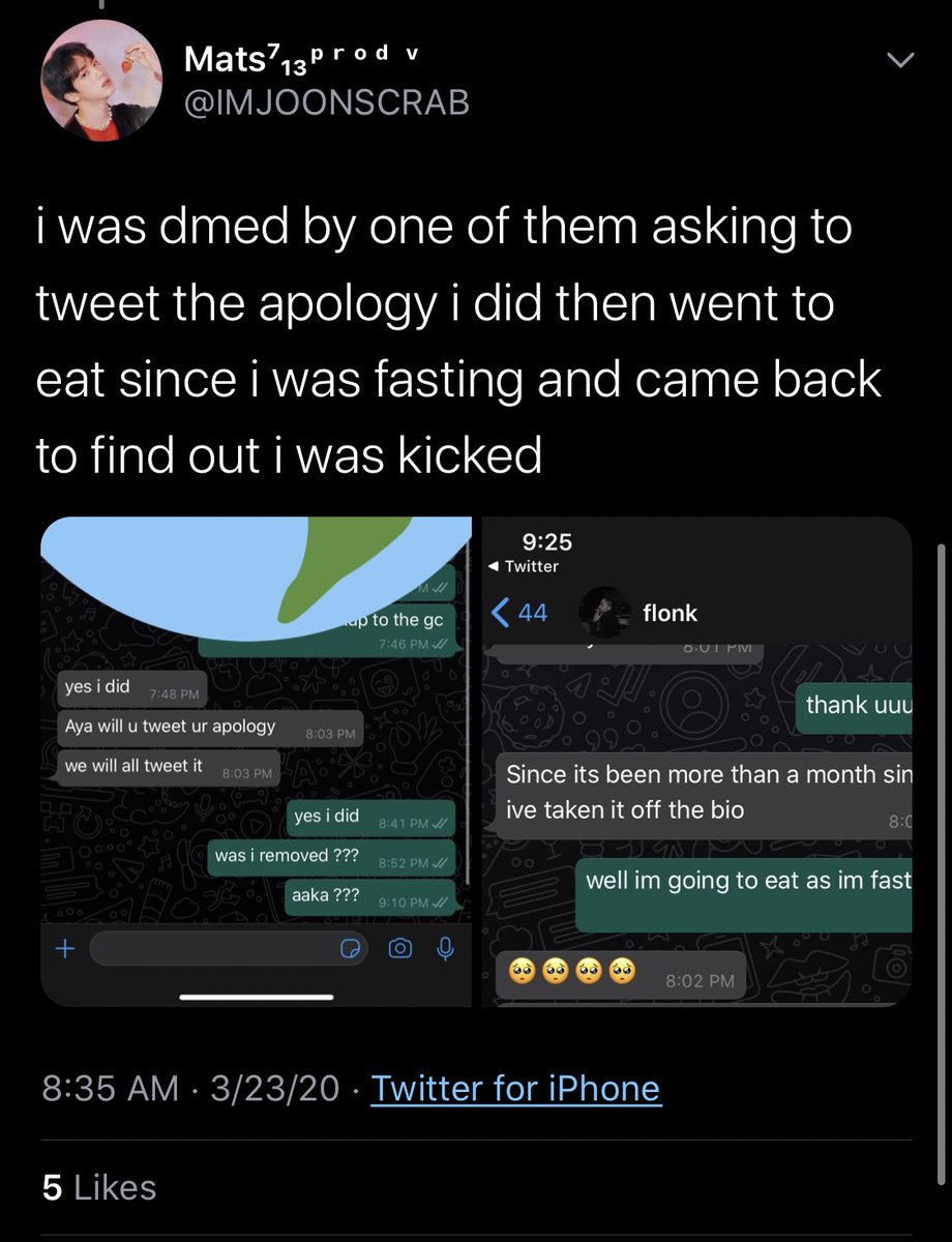Her explanation for the apology doesn’t even make sense. Who even is the person in the second screenshot? What does that have to do with the chat at all? Notice they said post YOUR apology and we’ll all tweet it. Not the group’s apology.