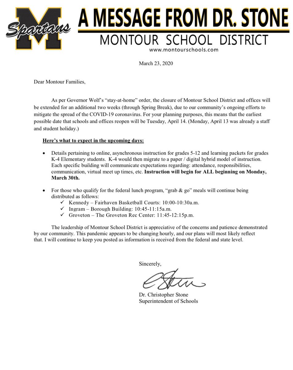 As per Governor Wolf’s “stay at home order” Montour plans to reopen buildings on April 14th for students.  We will continue to keep you posted as this unfortunate situation develops.  Our goal is to keep parents informed as early as possible for planning purposes.  <a href="/MontourSD/">Montour School District</a>