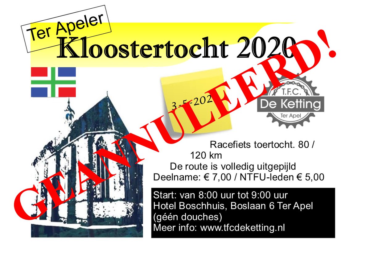 TFCDeKetting's tweet photo. Helaas hebben wij gezien de ontwikkelingen rondom het coronavirus moeten besluiten om de Kloostertocht niet door te laten gaan. We hadden er erg veel zin in, maar beseffen dat de algemene gezondheid nu voorrang krijgt. 

Blijf gezond, doe voorzichtig!

TFC De Ketting https://t.co/PToQ3dT5vy
