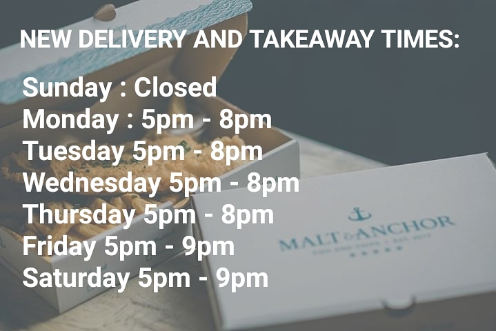 DELIVERY NOW AVAILABLE 6 DAYS A WEEK :

We now only provide a takeaway / delivery service, serving our award winning food Monday to Saturday. Unfortunately our eat in restaurant is currently closed until further notice.

Full menu is available on maltandanchor.co.uk