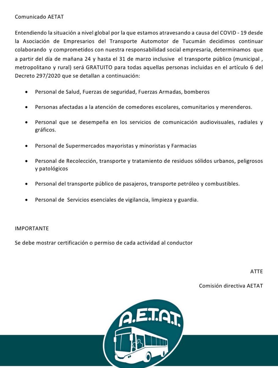 RadioTucuman971's tweet image. CONFIRMADO | Los empresarios del transporte público de pasajeros,  confirmaron que, quienes  están exceptuados en la cuarentena viajarán gratis, desde el martes 24

#QuedateEnCasaEscuchandoLaRadio 97.1📻
#RTuc #LaRadioQueEligenLosTucumanos 
En vivo 👉 radiotucuman.com