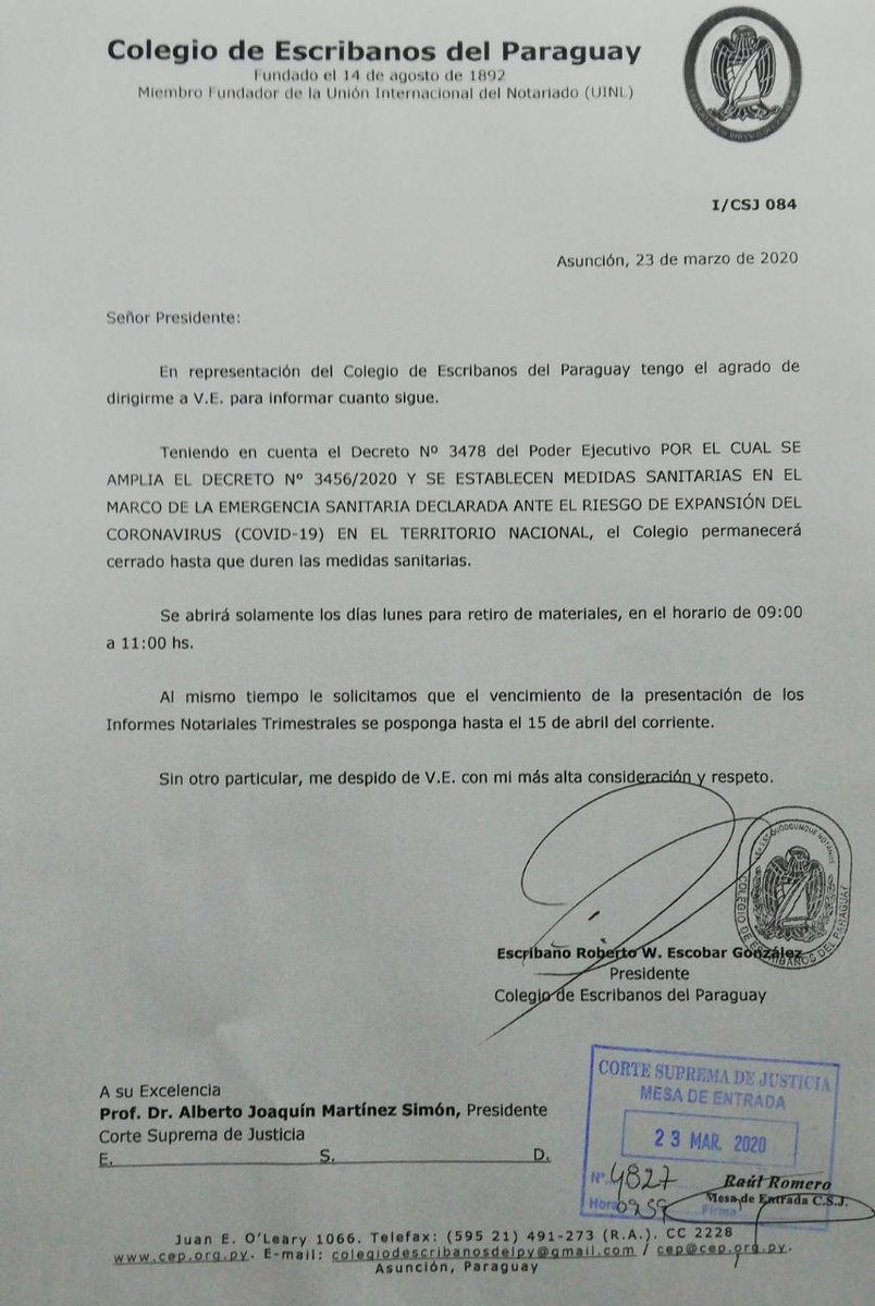 ColegioParaguay's tweet image. Comunicación a la Corte Suprema de Justicia sobre horario de atención y solicitud de prórroga de presentación de informes trimestrales.