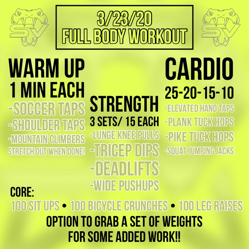 Stars_Vipers's tweet photo. ICYMI!! Coach Cammy’s Full Body workout from today!
Grab a family member and get your sweat on!! It’s a beautiful day outside, and we can all use some sun and laughter.
Tag us in your sweaty pictures when done!! Keep up the great work!!
#VipersGoVirtual #svtogether https://t.co/BFzwRYc2hw