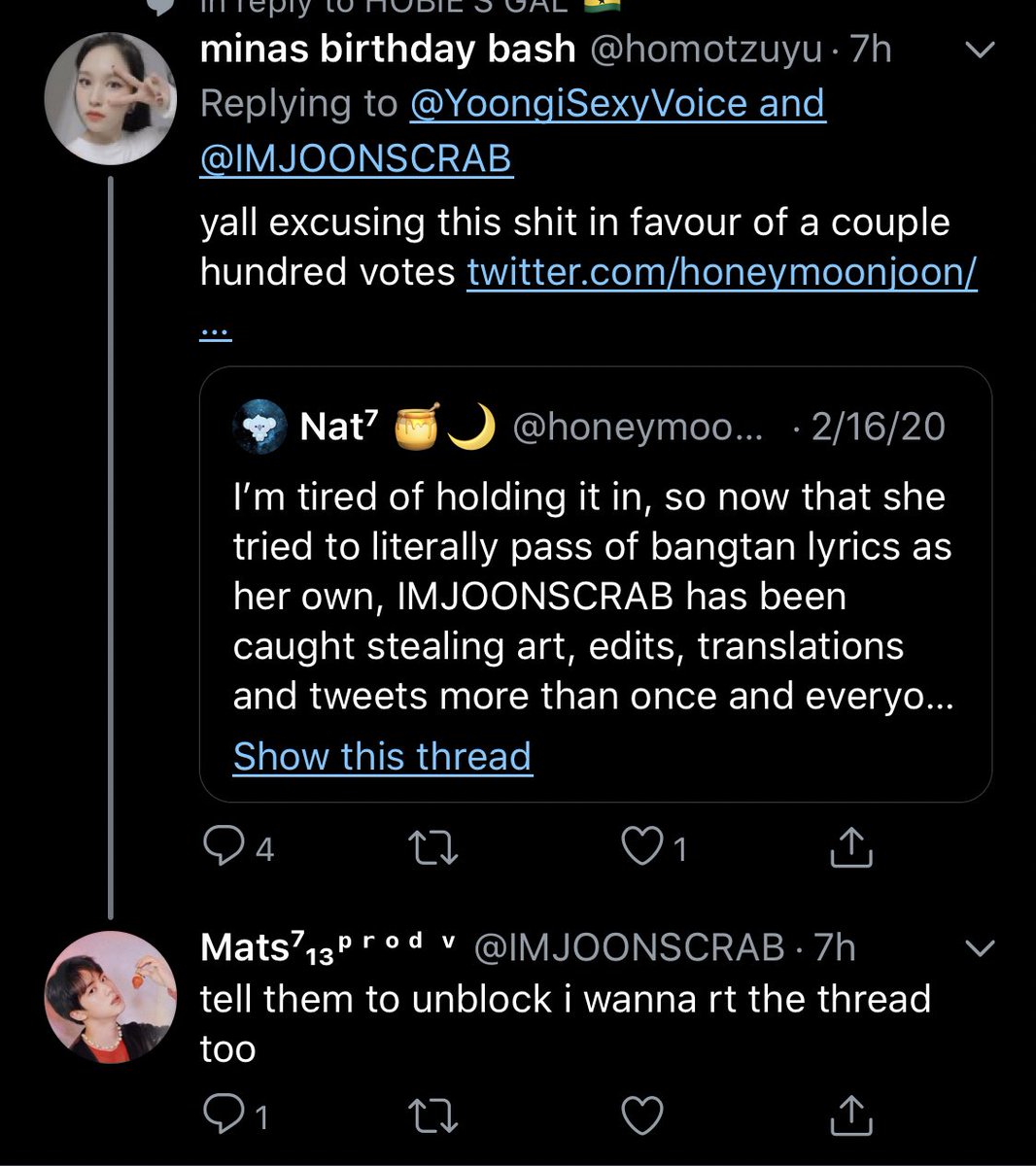 Lol “tell them to unblock, I want to RT the thread” as if you didn’t ALREADY quote this exact thread and BLOCK ME before you did it so I wouldn’t know lmao come on, Aya. I know you can’t keep up with your lies, but this was just last month!!