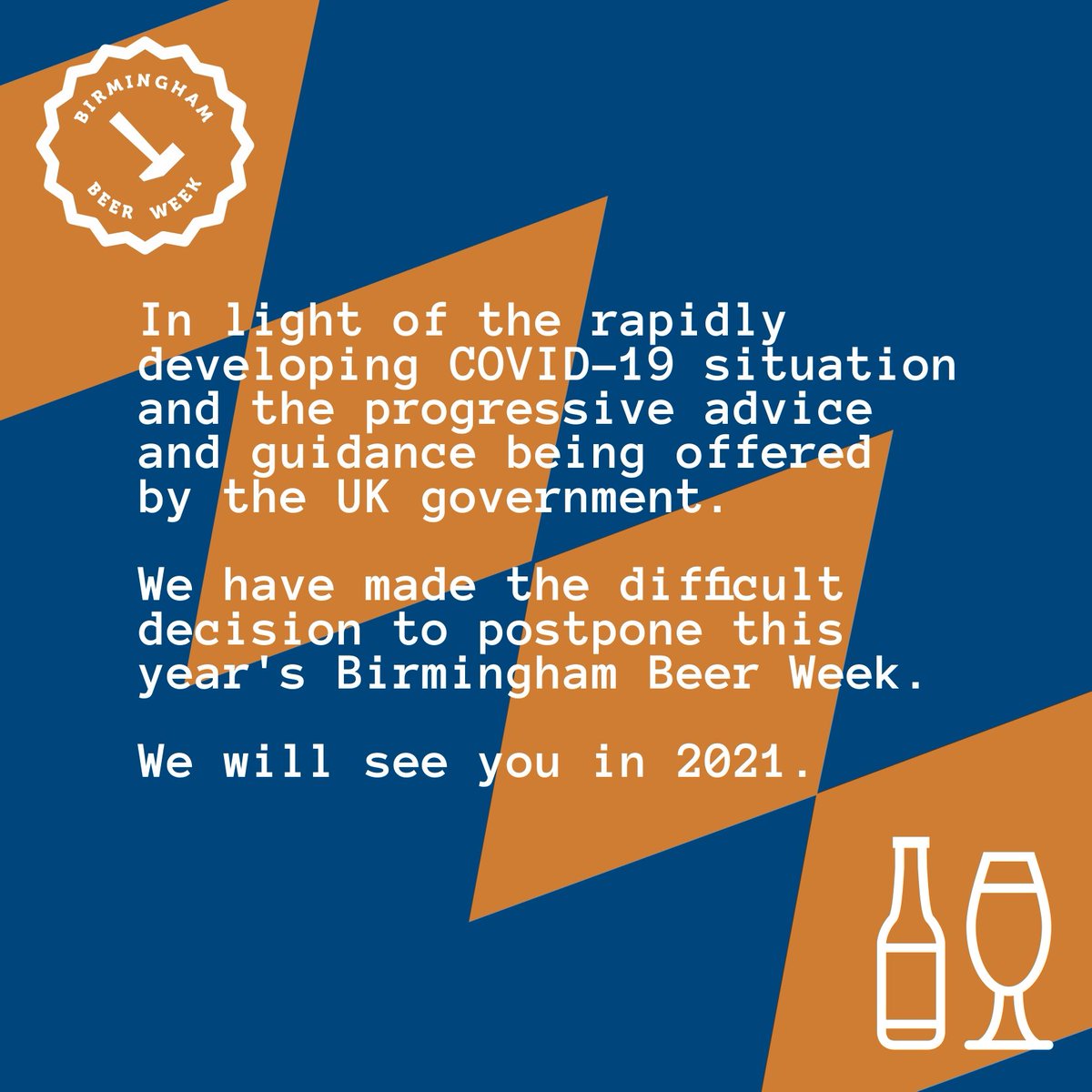 BirmBeerWeek's tweet image. In light of the rapidly developing COVID-19 situation and the progressive advice and guidance being offered by the UK government.

We have made the difficult decision to postpone this year's Birmingham Beer Week.

We will see you in 2021.