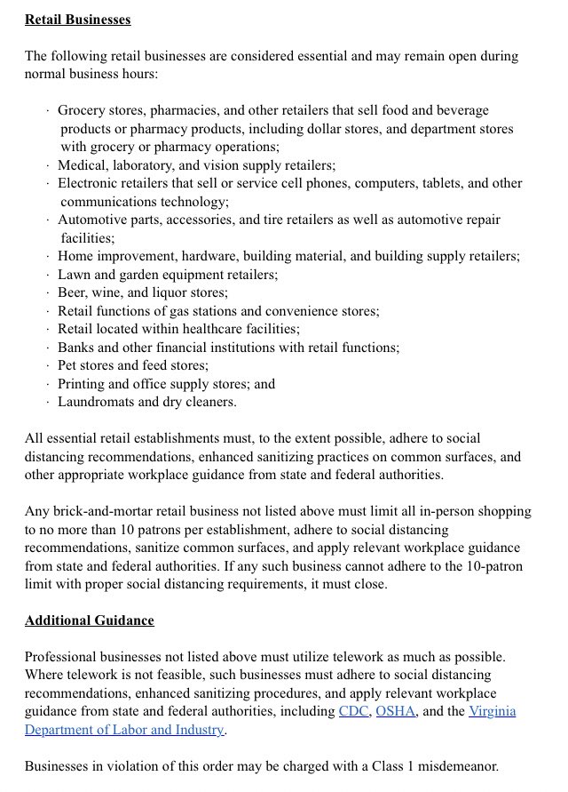 RachelDePompa's tweet photo. Virginia Governor Guidelines: retail business rules https://t.co/3blLWvFbix