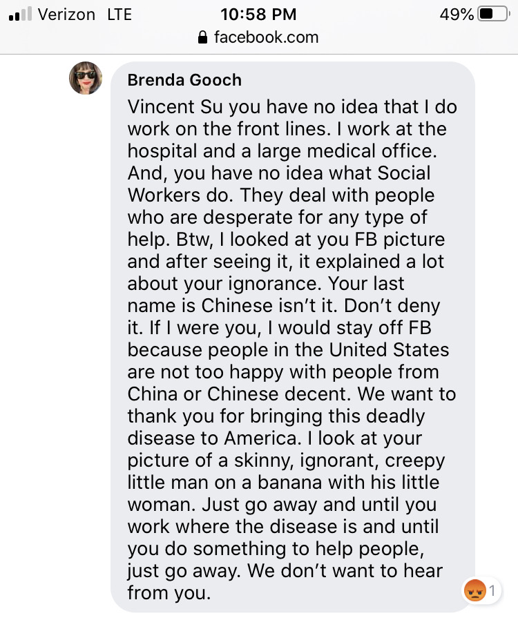 mfbt's tweet photo. I don't use Twitter for this often, but when I see healthcare providers demonstrate anti-Asian racism, it makes my blood boil. These are my fucking clinician colleagues that are supposed to be helping ppl. This woman should not be working. https://t.co/CJTjrTzkf6