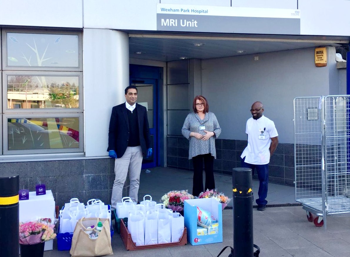 SloughThisis's tweet photo. Great work from all over Slough here is but one example Ajmal Azam local barrister with businessmen, mosque and Ujala foundation delivering food packs and essentials to our hard pressed NHS workers at Wexham Park Hospital 
#covid19 #thisisSlough #slough  #NHSheroes #voluntary https://t.co/xJQKFoATRH