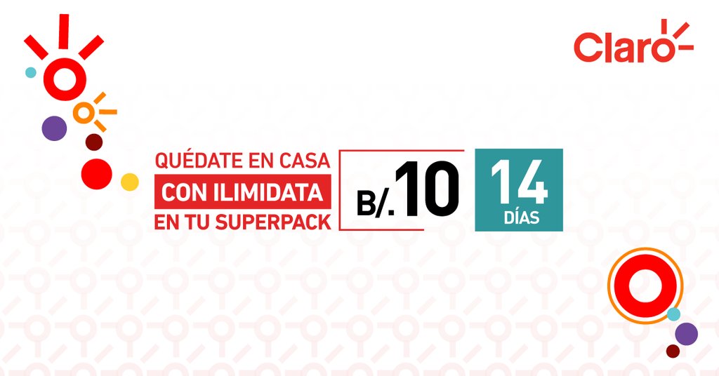 ClaroPanama's tweet photo. 🌟#QuédateEnCasa y aprovecha el #Superpack de B/.10 con 14 días de #ilimiDATA📲💥Descubre más en el siguiente link👉🏻 https://t.co/wyDP1f42jP #SomosClaro https://t.co/ynsXGbPIex
