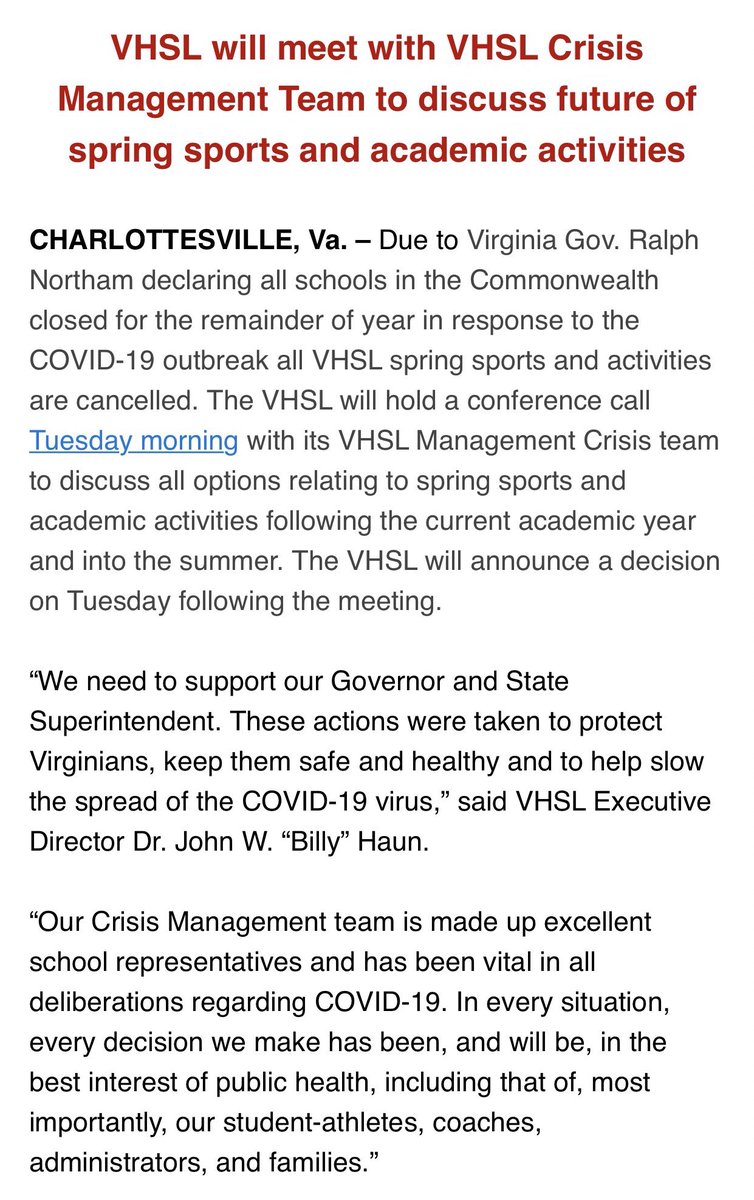 CHSFalconSports's tweet photo. From the VHSL regarding spring sports. https://t.co/S7V3fSDX4K