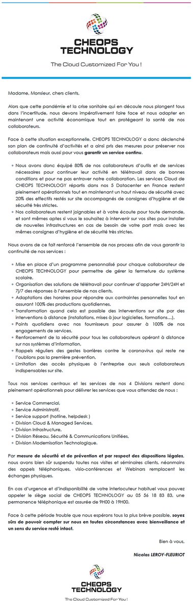 CheopsTechno's tweet image. CHEOPS TECHNOLOGY vous informe sur son organisation face au Covid 19, nous restons mobilisés pour servir nos clients tout en assurant au maximum la protection de nos collaborateurs.

#CHEOPSTECHNOLOGY @LEROYFLEURIOT