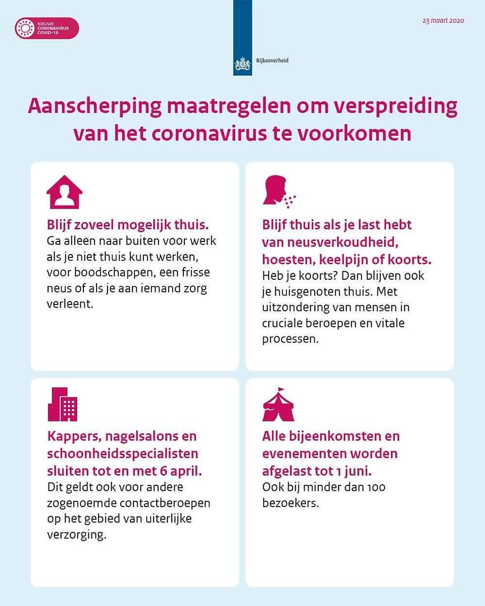 Een nieuwe update van het kabinet in de aanpak van het coronavirus. Dit wordt gedaan om onze ouderen en kwetsbaren te beschermen en te voorkomen dat de zorg overbelast raakt.