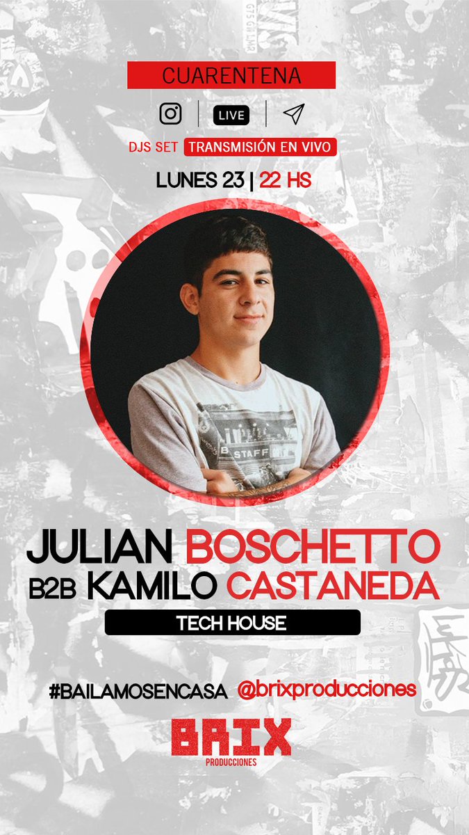 BrixProduccion1's tweet photo. HOY #BailamosEnCasa 
Transmisión en vivo vía instagram (@ brixproducciones)

20 hs Juani Buttignol (San. Fco)

22 hs Julian Boschetto
b2b Kamilo Castañeda (Sta. Fe)

Los esperamos 🎉 https://t.co/X5kP4YgLzL