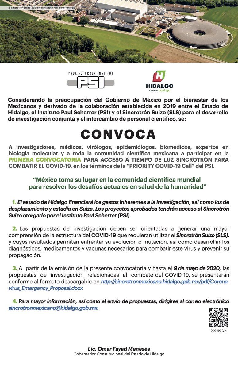 Convocatoria a #investigadores, #médicos, #virólogos, #epidemiólogos, #biomédicos, y a toda la comunidad científica mexicana a participar en la PRIMERA CONVOCATORIA PARA ACCESO A TIEMPO DE LUZ #SINCROTRÓN PARA COMBATIR EL COVID-19.

<a href="/omarfayad/">Omar Fayad</a> , <a href="/CITNOVA/">CITNOVA</a> , <a href="/hidalgo_lab/">Hidalgo lab</a>