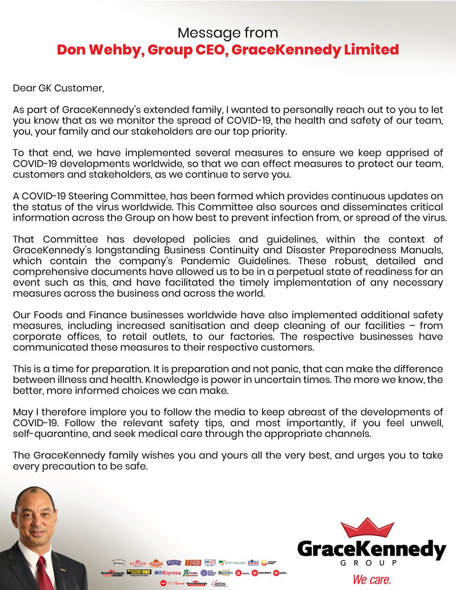 firstglobalbank's tweet photo. We are #StrongerTogether - our entire Gracekennedy Group is here for YOU ! Here's a special message from our Group CEO ,Don Wehby @dgwehby, @gracekennedygrp on Covid-19 .
•
#FirstGlobalCares #GraceKennedy #covid_19 #WeAreGraceKennedy https://t.co/PjCataGXXS